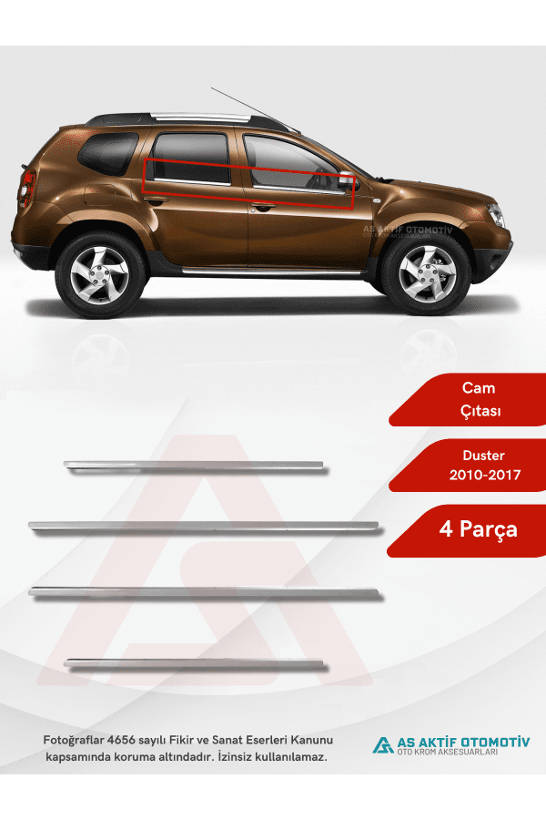 Dacia Duster Suv Cam Çıtası 4 Parça 2010-2017 Krom Paslanmaz Çelik