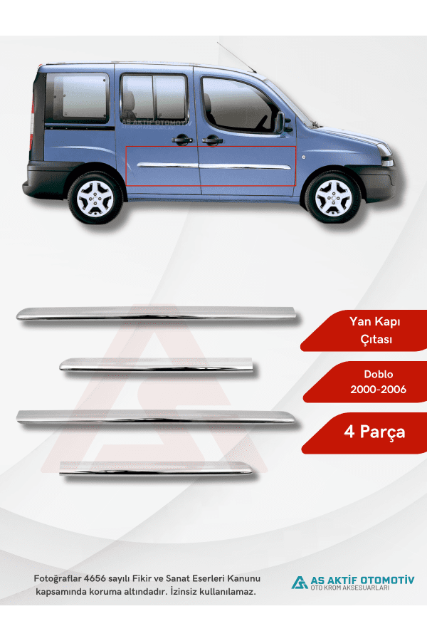 Fiat Doblo I Panel Van/Lav Yan Kapı Çıtası 4 Parça 2000-2006 Krom Paslanmaz Çelik