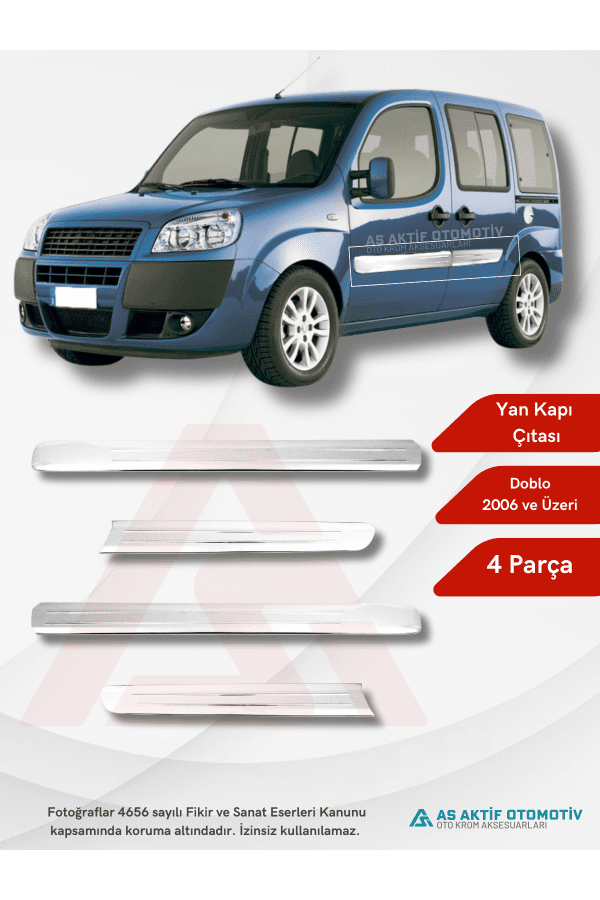 Fiat Doblo I Facelift Panel Van/Lav Yan Kapı Çıtası 4 Parça 2006 ve Üzeri Krom Paslanmaz Çelik (Geniş)