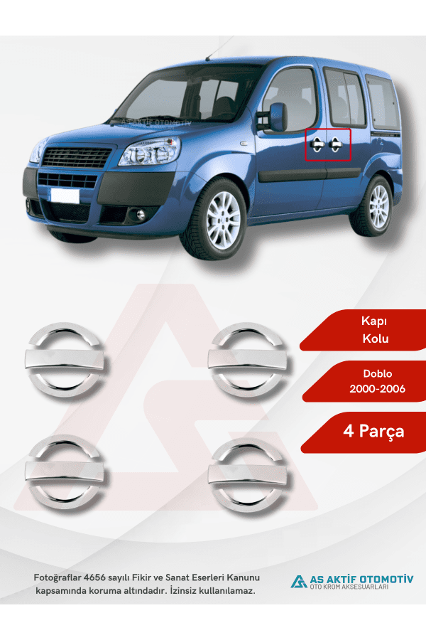 Fiat Doblo-2 Panel Van/Lav Kapı Kolu Çerçevesi 4 Parça 2010 ve Üzeri Krom Paslanmaz Çelik