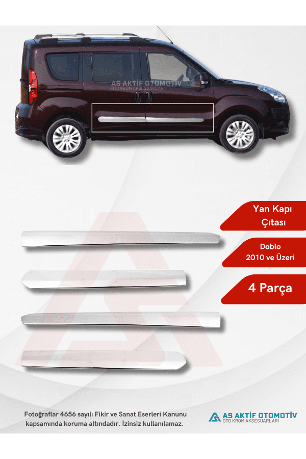 Fiat Doblo-2 Panel Van/Lav Yan Kapı Çıtası 4 Parça 2010 ve Üzeri Krom Paslanmaz Çelik