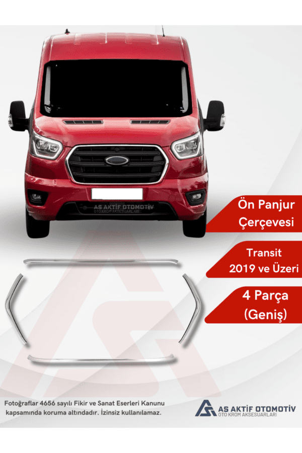 Ford Transit Van Ön Panjur Çerçevesi (Geniş) 4 Parça 2019 ve Üzeri Krom Paslanmaz Çelik