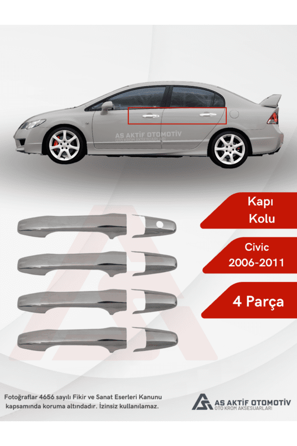 Honda Civic SD Kapı Kolu 4 Parça 2006-2011 Krom Paslanmaz Çelik