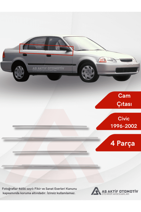 Honda Civic SD Cam Çıtası 4 Parça 1996-2002 Krom Paslanmaz Çelik