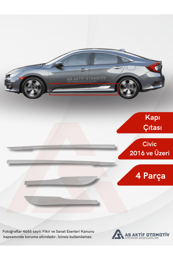 Honda Civic SD Yan Kapı Çıtası (Yazılı) 4 Parça 2016 ve Üzeri Krom Paslanmaz Çelik