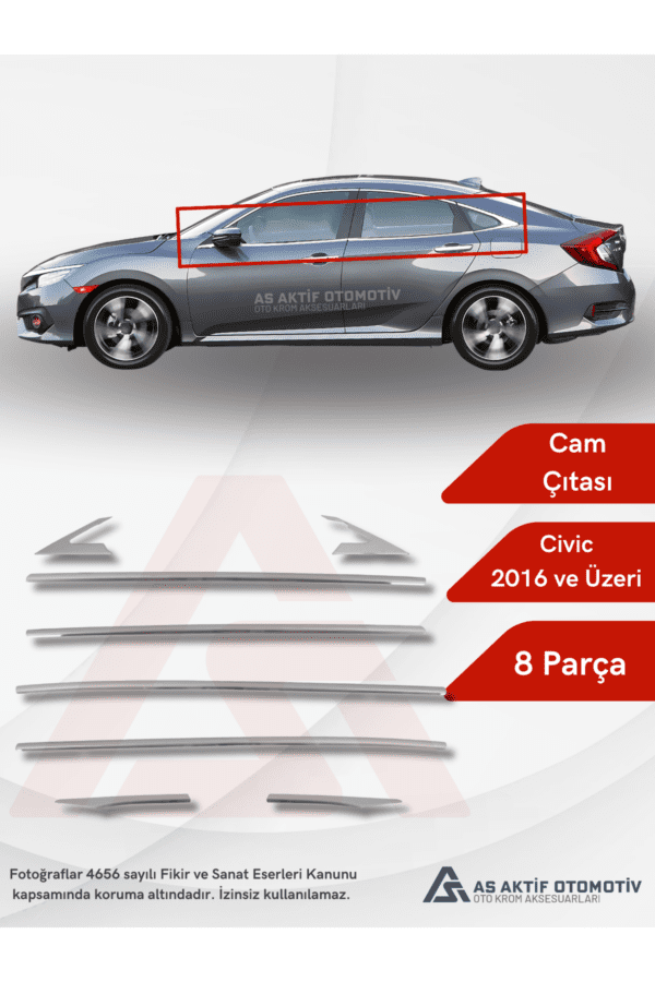 Honda Civic SD Cam Çıtası 8 Parça 2016 ve Üzeri Krom Paslanmaz Çelik