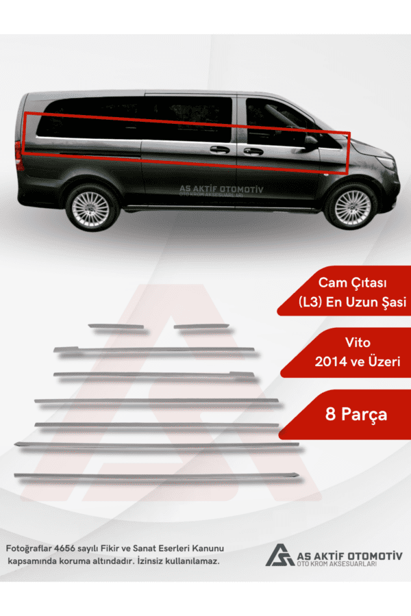 Mercedes Vito W447 Van Cam Alt Çıtaları (Tek Sürgü L3) 8 Parça 2014 ve Üzeri Krom Paslanmaz Çelik