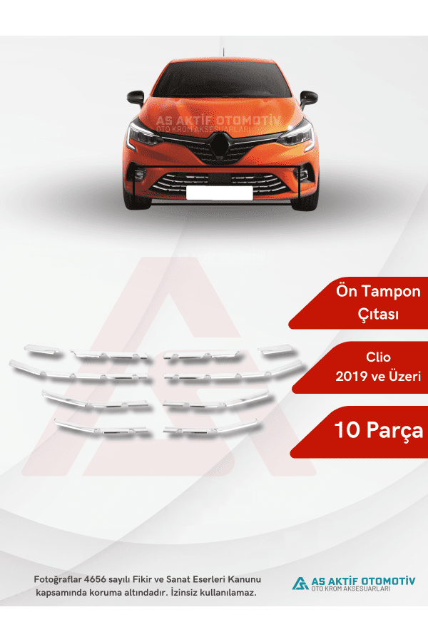 Renault Clio 5 HB 5D Ön Tampon Çıtası 10 Parça 2019 ve Üzeri Krom Paslanmaz Çelik