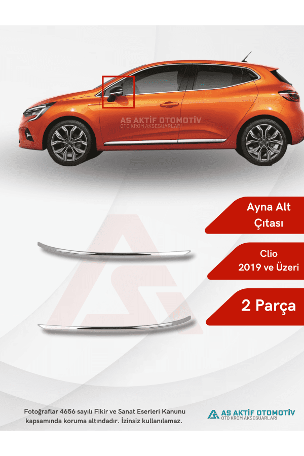 Renault Clio 5 HB 5D Ayna Alt Çıtası 2 Parça 2019 ve Üzeri Krom Paslanmaz Çelik