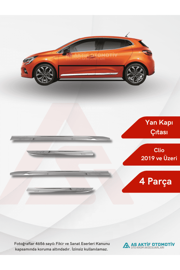 Renault Clio 5 HB 5D Yan Kapı Çıtası 4 Parça 2019 ve Üzeri Krom Paslanmaz Çelik