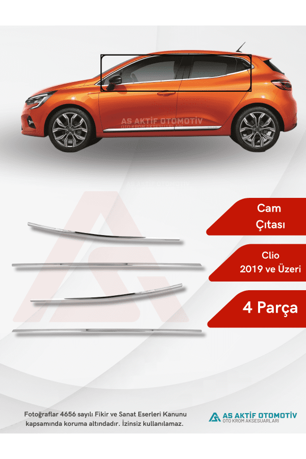 Renault Clio 5 HB 5D Cam Çıtası 4 Parça 2019 ve Üzeri Krom Paslanmaz Çelik