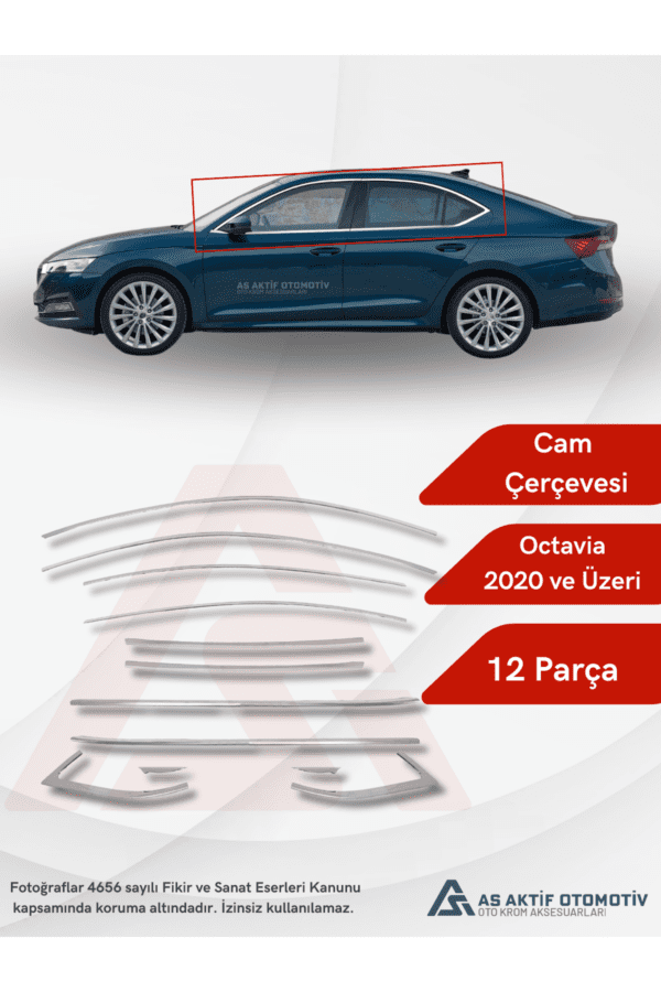 Skoda  Octavia 3 (A8) SD Cam Çerçevesi 12 Parça 2020 ve Üzeri Krom Paslanmaz Çelik