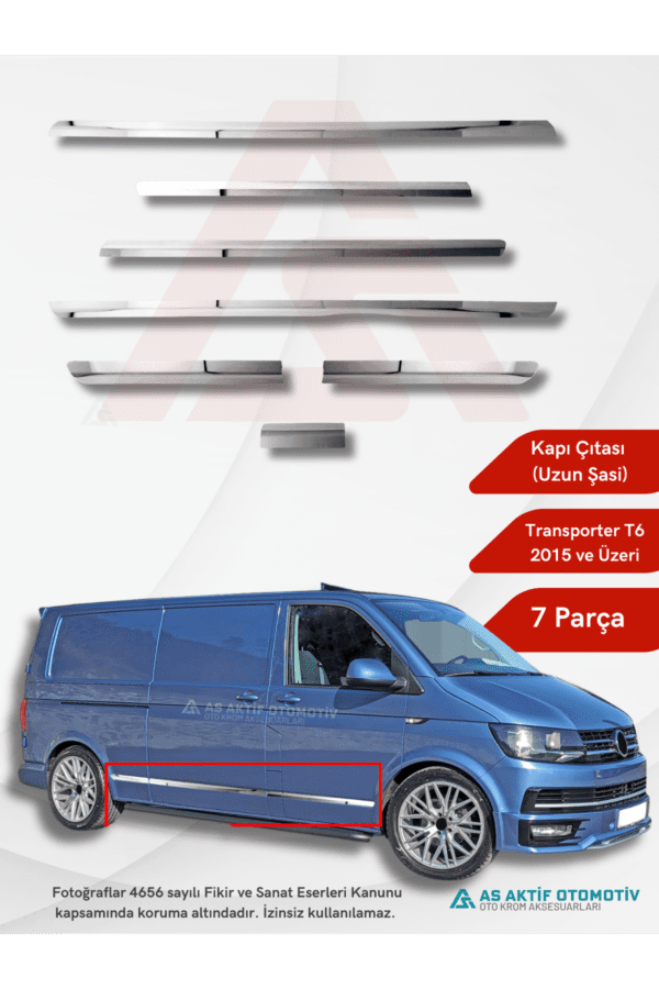 Volkswagen Transporter T6 Van Yan Kapı Çıtası (Uzun Şasi) 7 Parça 2015 ve Üzeri Krom Paslanmaz Çelik